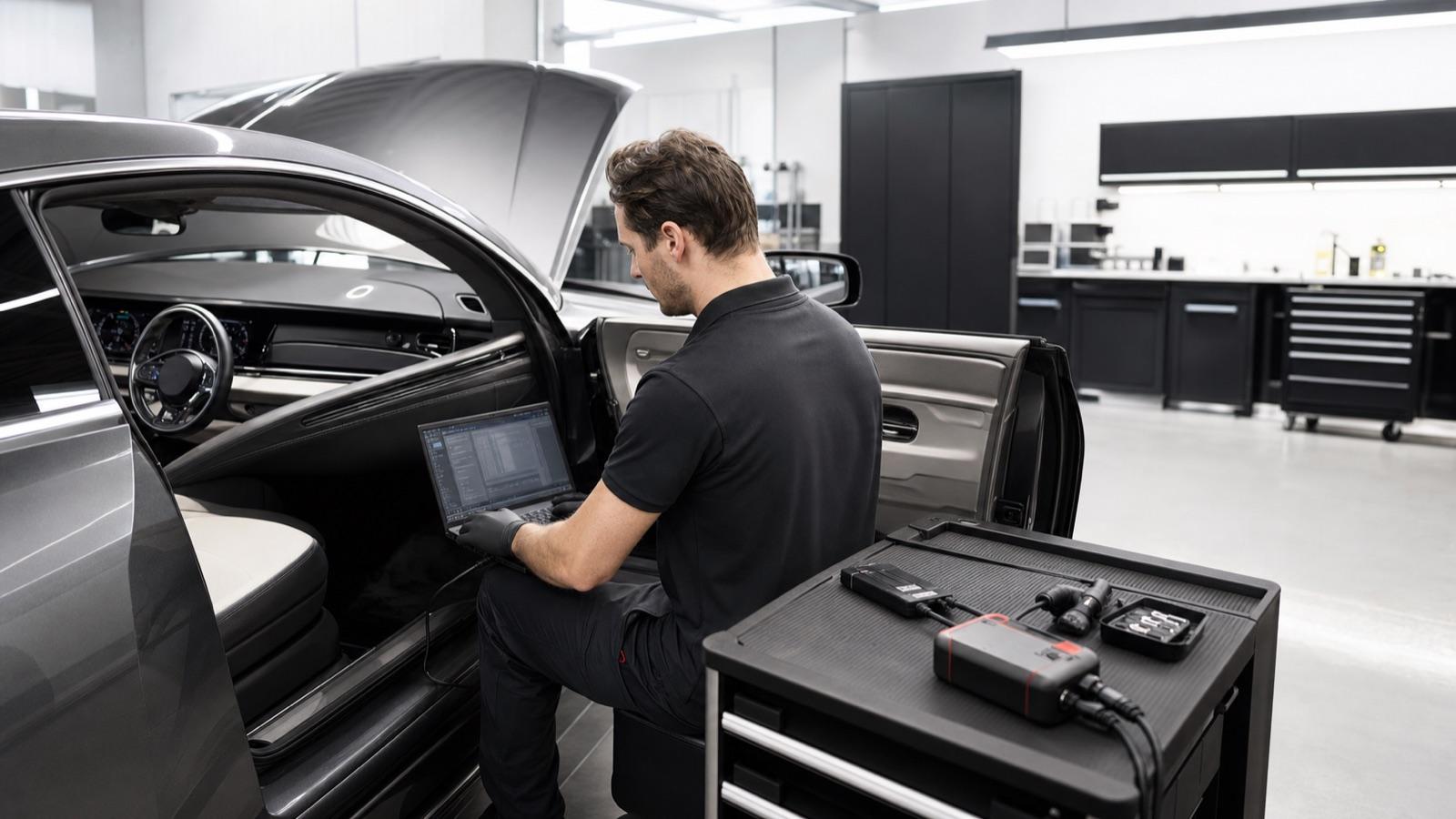 Premium otomobilde dizüstü bilgisayar ve diagnostik cihazla elektronik arıza tespiti