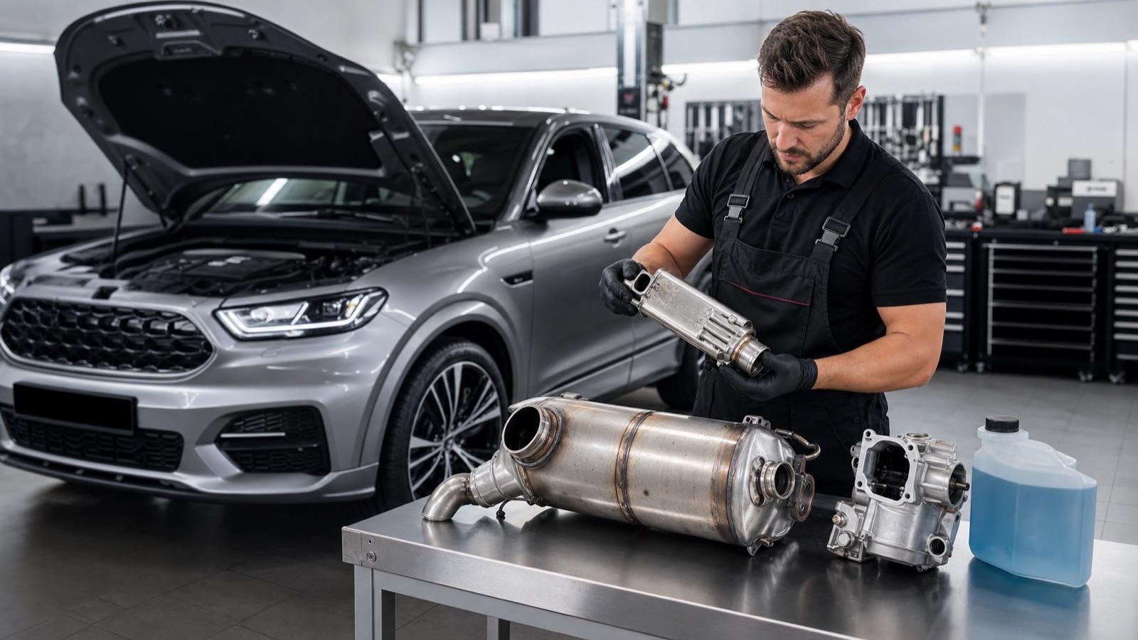 Dizel araç yanında DPF ve EGR parçalarını inceleyen uzman teknisyen