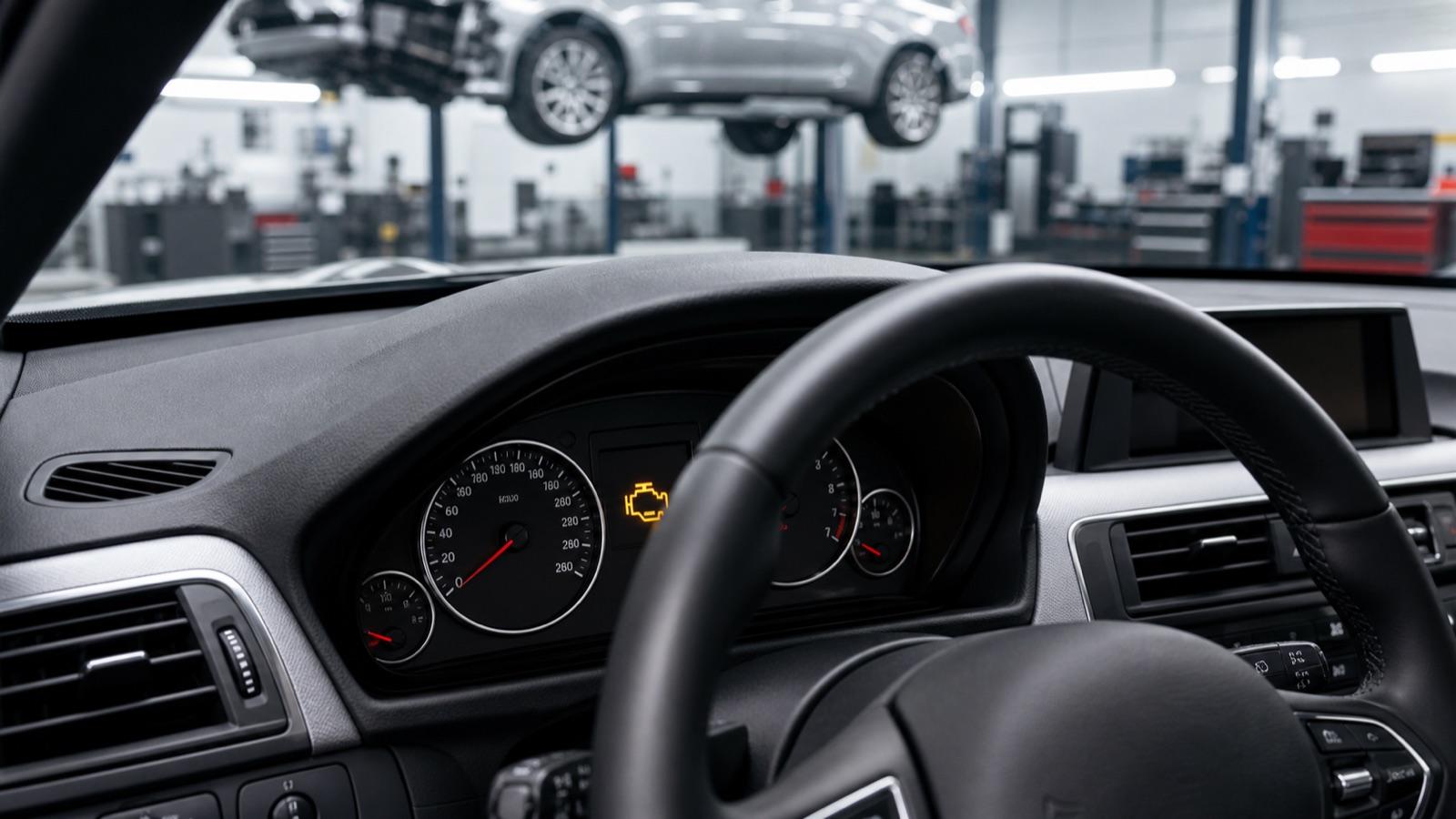 Premium otomobil gösterge panelinde yanan sarı motor arıza lambası