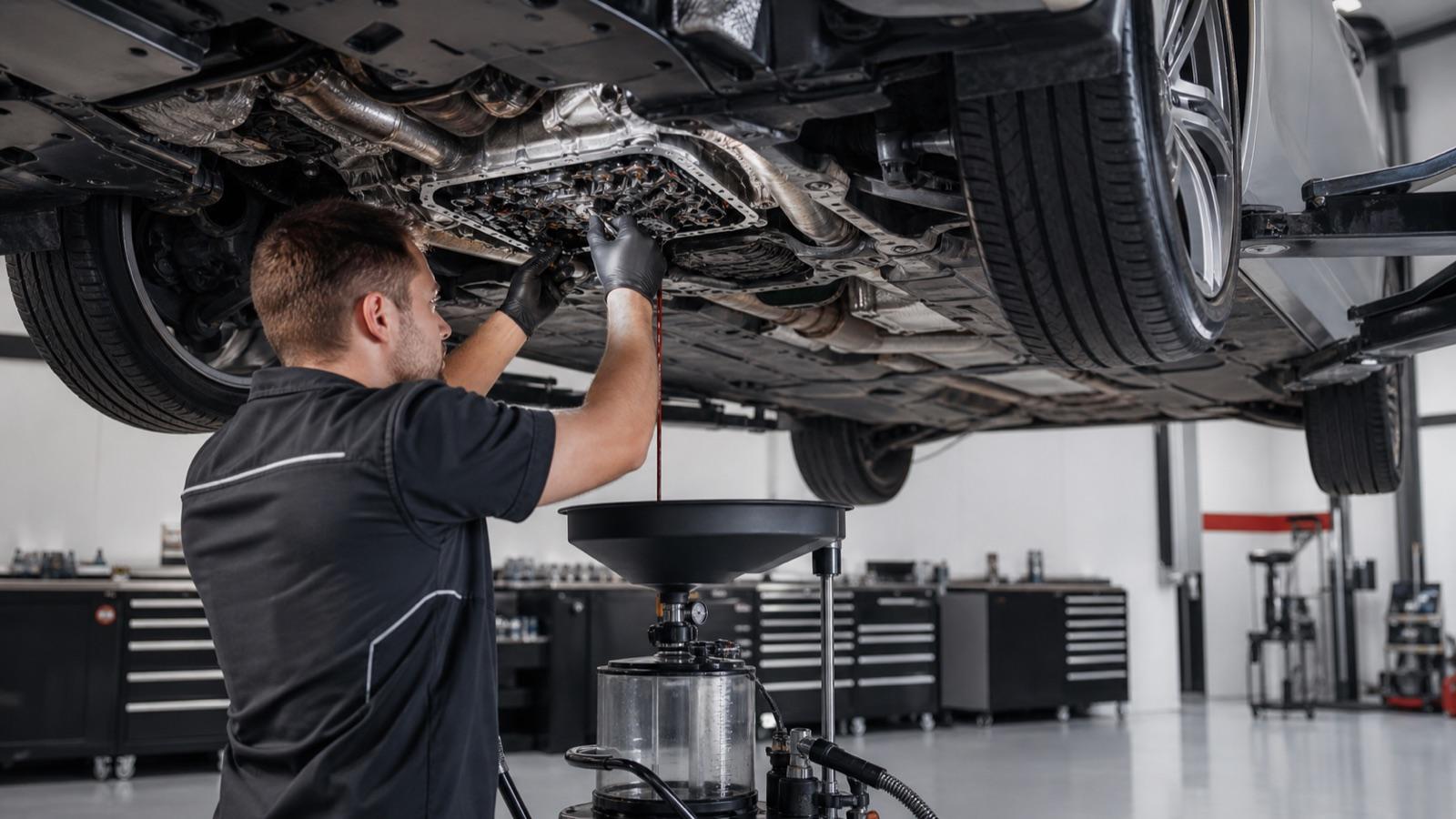 Lift üzerindeki premium otomobilde otomatik şanzıman bakımı yapan teknisyen