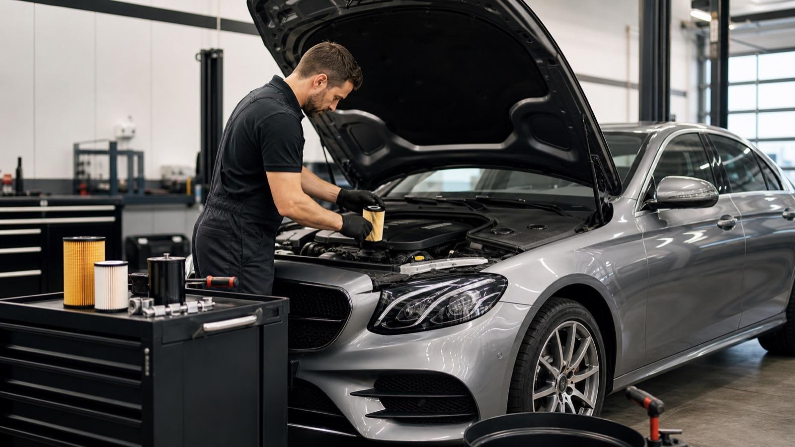 Premium Alman otomobilinde yağ filtresi değişimi yapan uzman teknisyen